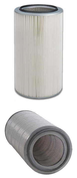 Replacement dust collector filters stacked in front of a central dust collection system.