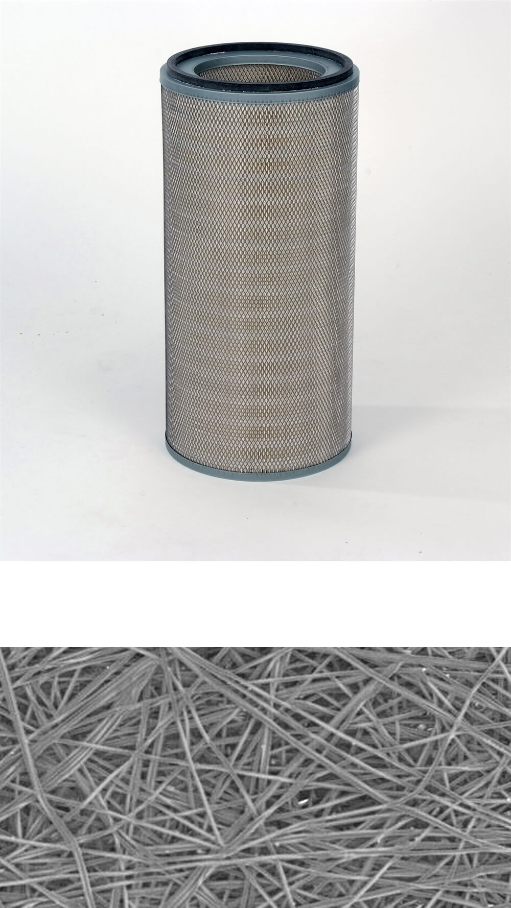 Nanofiber filter and detailed view of what nanofiber looks like.